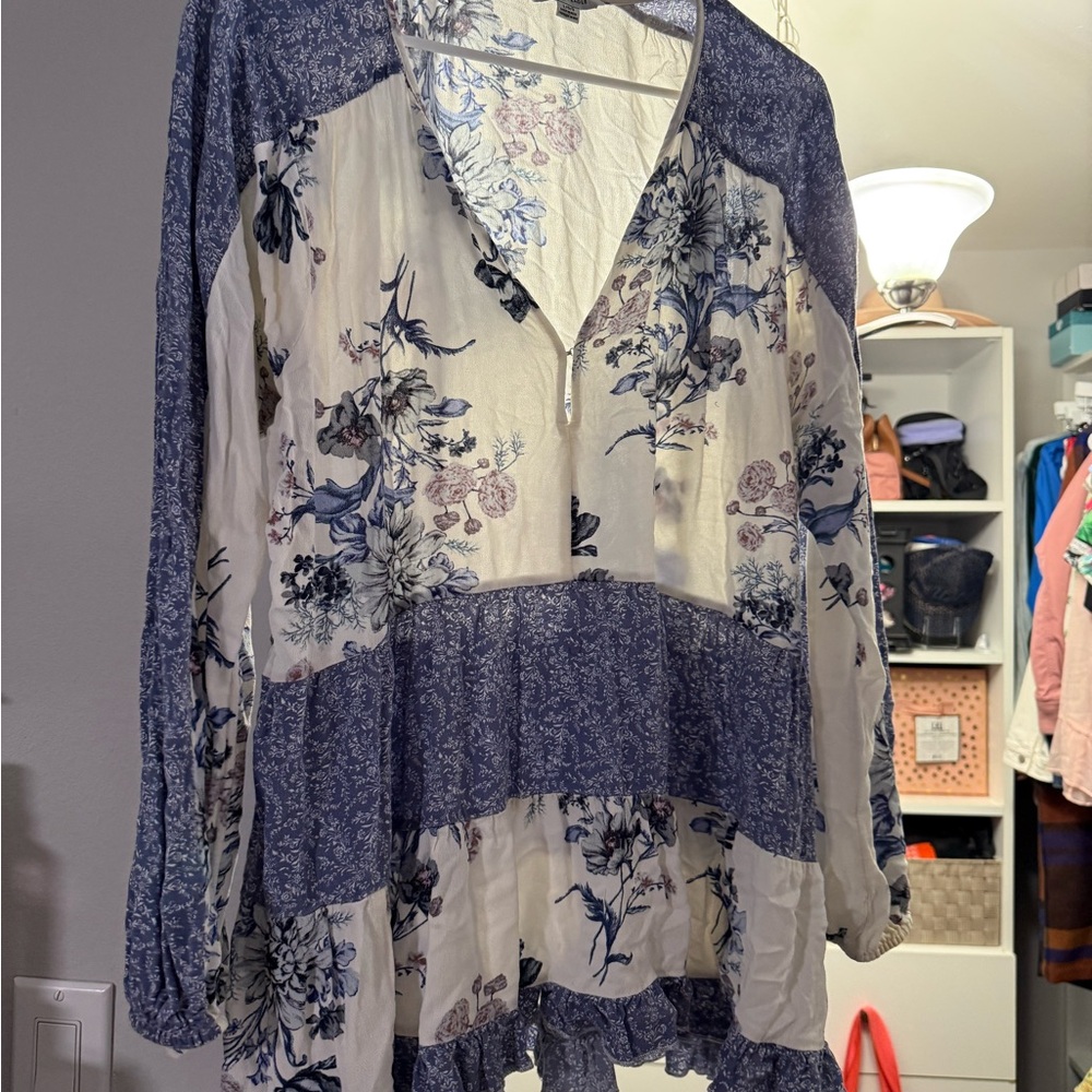 American Eagle Outfitters Blue and White Tiered Blouse with Mandarin Collar